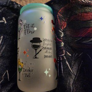 16oz glass cup with plastic lid and straw